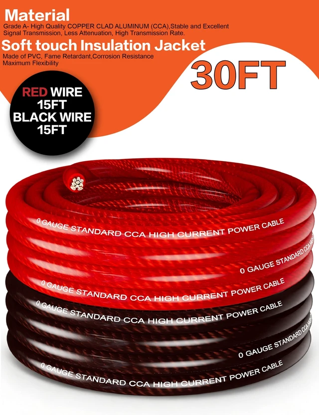 Alt view image 2 of 5 - 30FT 1/0 Gauge Battery Cable Kit 0 Gauge CCA Power & Ground Wire with Lugs