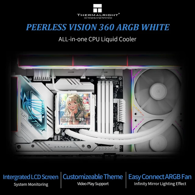 Alt view image 2 of 5 - Thermalright-TR Peerless Vision 360 ARGB White CPU Water Cooler,3 PWM Fans-Wireless Splicing,IPS LCD Screen with 480x480 Resolution,for Intel LGA1851/1700,AM4/AM5,CPU Liquid Cool