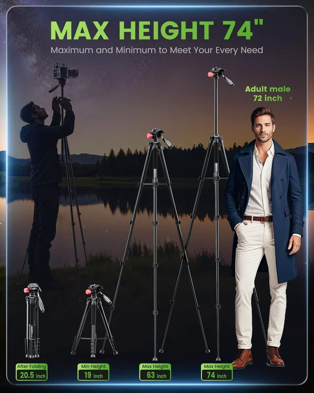 Alt view image 3 of 5 - CAMBOFOTO 74"-Camera-Tripod, Porfessional Aluminum Heavy Duty Tripod Stand for Mirrorless Camera/DSLR/Cell Phone/Camcorder, with Holder and Travel Bag