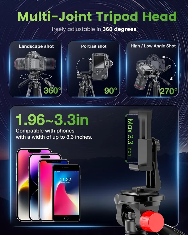 Alt view image 5 of 5 - CAMBOFOTO 74"-Camera-Tripod, Porfessional Aluminum Heavy Duty Tripod Stand for Mirrorless Camera/DSLR/Cell Phone/Camcorder, with Holder and Travel Bag