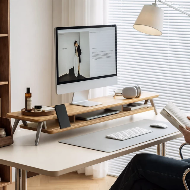 Alt view image 2 of 5 - Fenge Dual Monitor Stand Riser, Wooden Desk Shelf with 2-Tier Storage