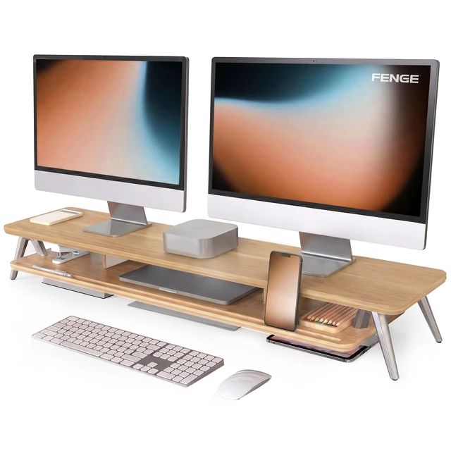 Main image of Fenge Dual Monitor Stand Riser, Wooden Desk Shelf with 2-Tier Storage
