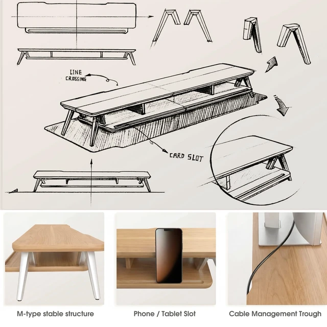 Alt view image 5 of 5 - Fenge Dual Monitor Stand Riser, Wooden Desk Shelf with 2-Tier Storage