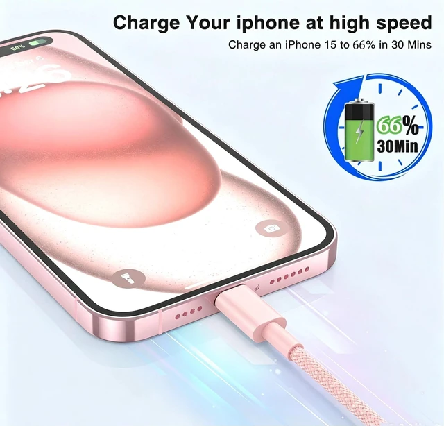 Alt view image 2 of 5 - USB C to C Charging Cable 10 FT for iPhone 17 16 15 Charger Cord,Long Apple Braided C to C Cable Fast Charging for iPhone Air 17 16 Pro Max/15 Pro/16 Plus/16e/15,MacBook Pro,iPad 11/10 inch-Pink