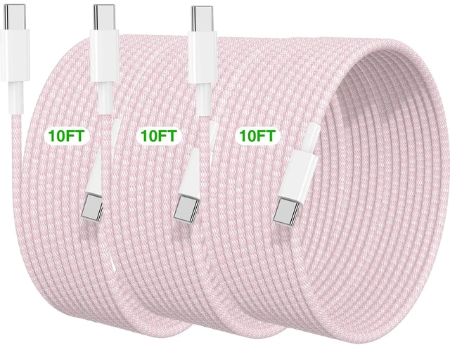 Main image of USB C to C Charging Cable 10 FT for iPhone 17 16 15 Charger Cord,Long Apple Braided C to C Cable Fast Charging for iPhone Air 17 16 Pro Max/15 Pro/16 Plus/16e/15,MacBook Pro,iPad 11/10 inch-Pink