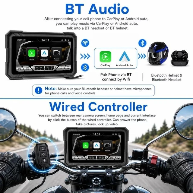 Alt view image 5 of 5 - Motorcycle Dual 1080P Dash Cam A-pple Carplay Screen,Wireless Carplay Android Auto for Motorcycle, 5 IP67 Waterproof Portable Touchscreen,Dual Bluetooth,Loop Recording,Online Map,Wired Controll