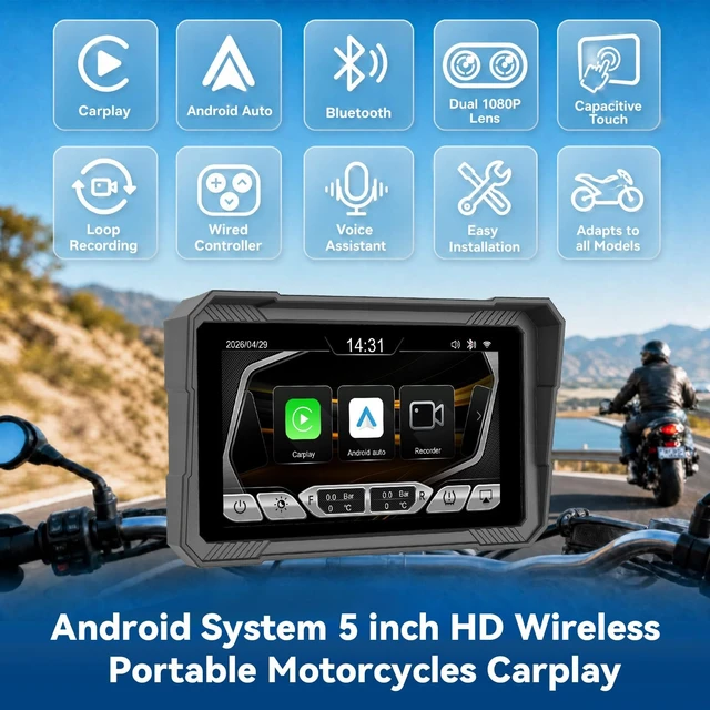 Alt view image 2 of 5 - Motorcycle Dual 1080P Dash Cam A-pple Carplay Screen,Wireless Carplay Android Auto for Motorcycle, 5 IP67 Waterproof Portable Touchscreen,Dual Bluetooth,Loop Recording,Online Map,Wired Controll