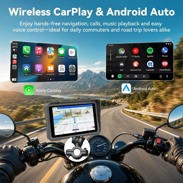 Alt view image 3 of 5 - Motorcycle Dual 1080P Dash Cam A-pple Carplay Screen,Wireless Carplay Android Auto for Motorcycle, 5 IP67 Waterproof Portable Touchscreen,Dual Bluetooth,Loop Recording,Online Map,Wired Controll