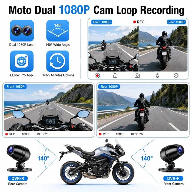 Alt view image 4 of 5 - Motorcycle Dual 1080P Dash Cam A-pple Carplay Screen,Wireless Carplay Android Auto for Motorcycle, 5 IP67 Waterproof Portable Touchscreen,Dual Bluetooth,Loop Recording,Online Map,Wired Controll