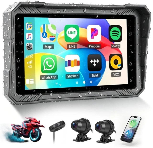 Main image of Motorcycle Dual 1080P Dash Cam A-pple Carplay Screen,Wireless Carplay Android Auto for Motorcycle, 5 IP67 Waterproof Portable Touchscreen,Dual Bluetooth,Loop Recording,Online Map,Wired Controll