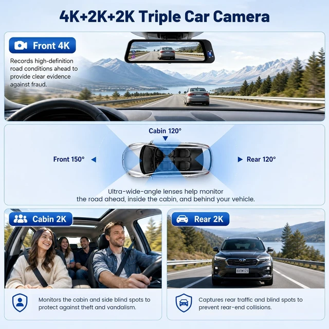Alt view image 2 of 5 - 9.66" Mirror Dash Cam 3-Channel 4K+2K+2K, ADAS, IPS Touch Screen, WiFi
