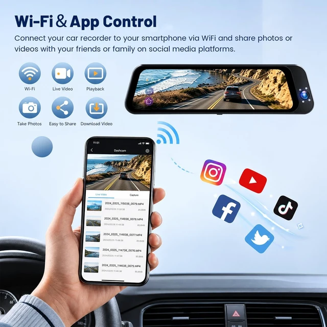 Alt view image 5 of 5 - 9.66" Mirror Dash Cam 3-Channel 4K+2K+2K, ADAS, IPS Touch Screen, WiFi