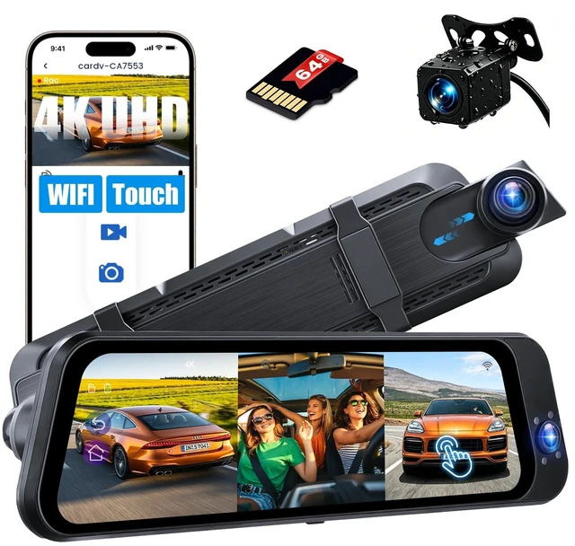 Main image of 9.66" Mirror Dash Cam 3-Channel 4K+2K+2K, ADAS, IPS Touch Screen, WiFi