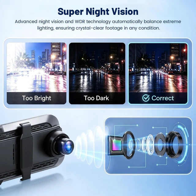 Alt view image 4 of 5 - 9.66" Mirror Dash Cam 3-Channel 4K+2K+2K, ADAS, IPS Touch Screen, WiFi