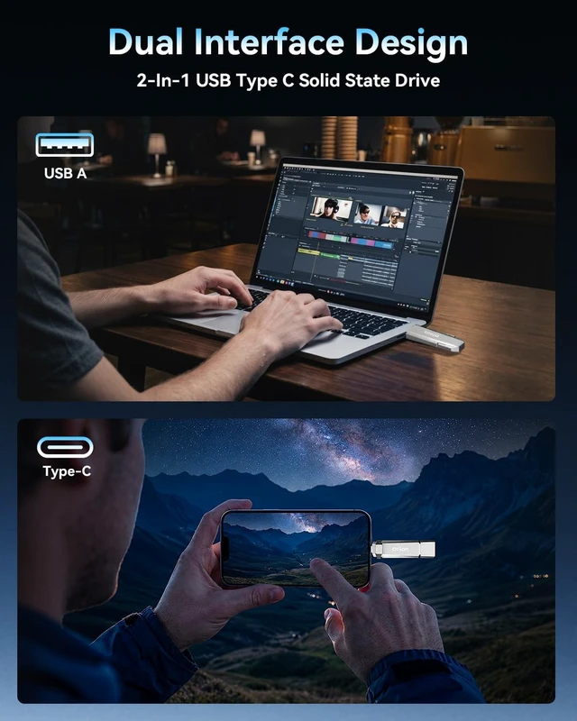 Alt view image 3 of 5 - 128GB USB C Solid State Flash Drive Up to1000MB/s USB 3.2 Gen 2 Dual USB Flash Drive Type C + USB A Solid State Thumb Drive