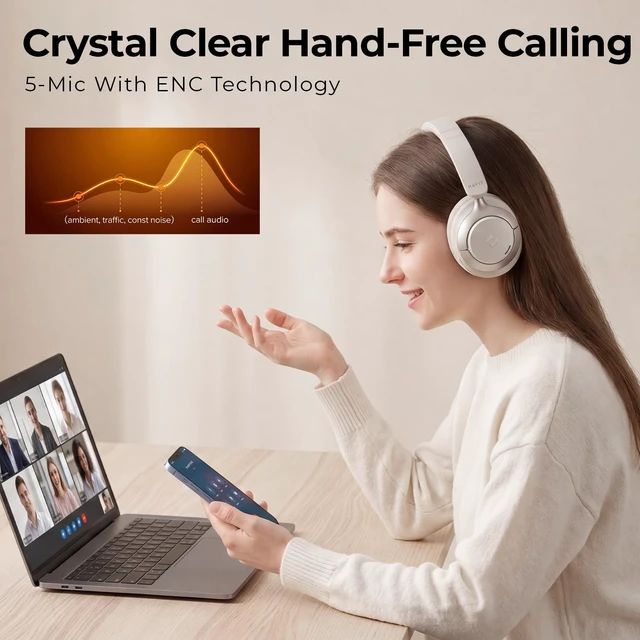 Alt view image 5 of 5 - havit Hybrid ANC Wireless Headphones, Over Ear Bluetooth Headphones with Hi-Res Audio, Spatial Sound, 80H Battery, 5-Mic ENC Calls, Metal-Accent Foldable Design