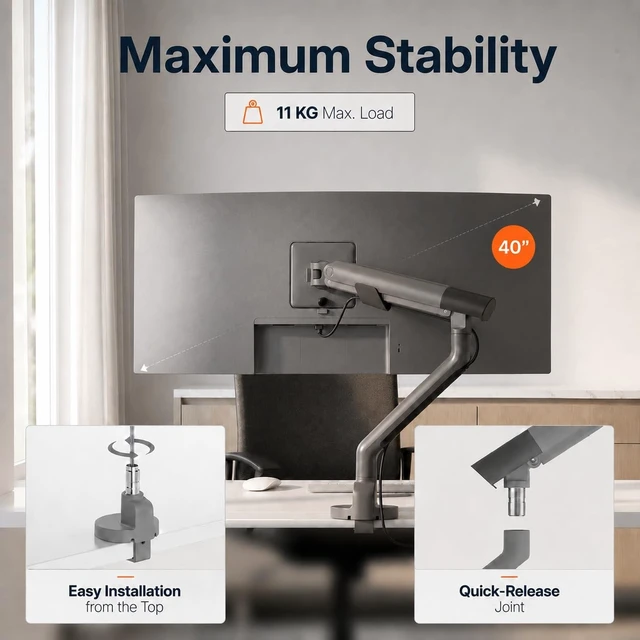 Alt view image 2 of 5 - 3IDEE Flexi Pro Monitor Arm Monitor Mount for Desks (up to 40" & 11 kg) Curved, Heavy Duty, Spring-Assisted, Height-Adjustable & Fully Articulated VESA 75/100, Slim Aluminum Design Space Grey