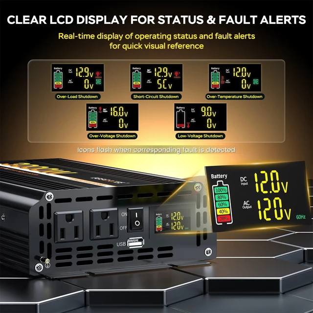 Alt view image 5 of 5 - 3000W Power Inverter 12V DC to 110V/120V AC with LCD Display for Vehicles