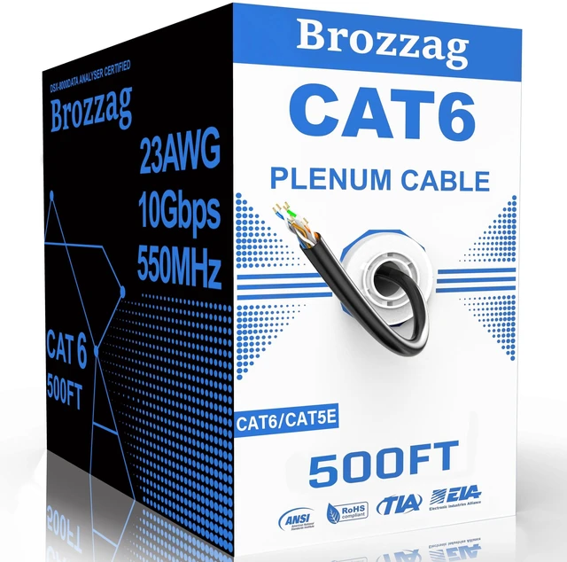 Main image of Cat 6 Plenum Cable 500ft ^^ 23AWG, 550MHz, 10Gbps UTP Ethernet ^^ CMR Fire-Rated Jacket ^^ DSX-8000 Certified & ETL Verified ^^ Tangle-Free Easy-Pull Spool ^^ Bulk Cat6/Cat5e LAN Internet Cable, Black