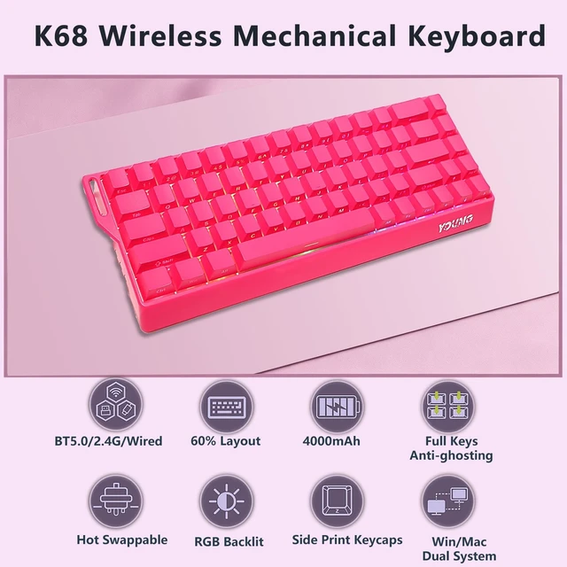 Alt view image 2 of 5 - Adventurers WIN68 60% Mechanical Gaming Keyboard,BT5.0/2.4GHz/USB-C