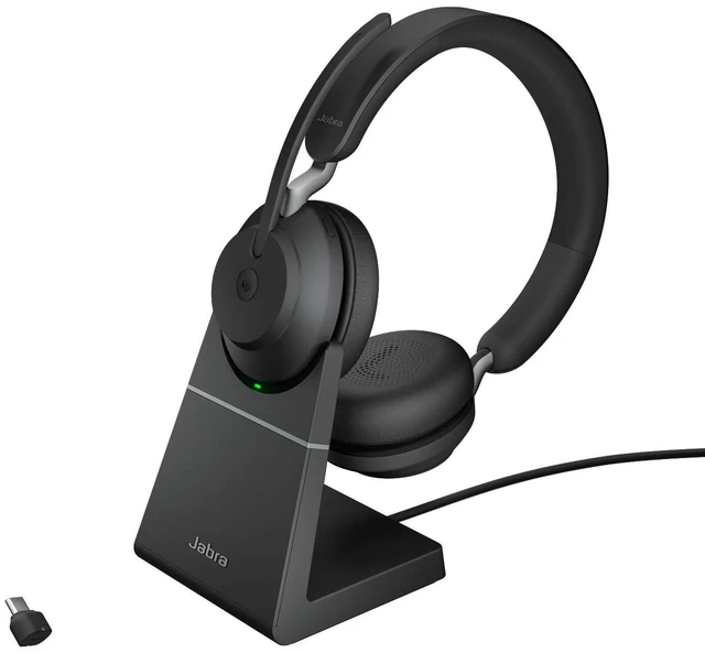 Main image of Jabra Evolve2 65 Bluetooth Wireless Headset with Mic for Calls and Music, Dual-Ear Headphones with USB-C Adapter and Charging Stand, Up to 37 Hours Battery, Works with Online Meeting Apps, Blac
