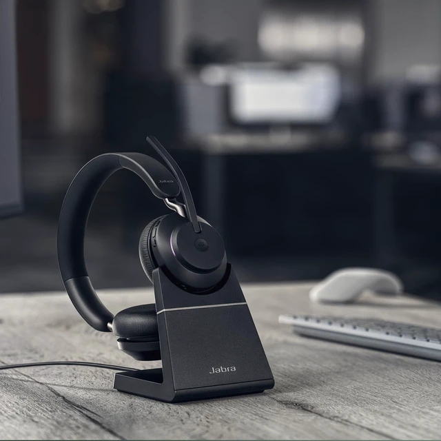 Alt view image 2 of 5 - Jabra Evolve2 65 Bluetooth Wireless Headset with Mic for Calls and Music, Dual-Ear Headphones with USB-C Adapter and Charging Stand, Up to 37 Hours Battery, Works with Online Meeting Apps, Blac