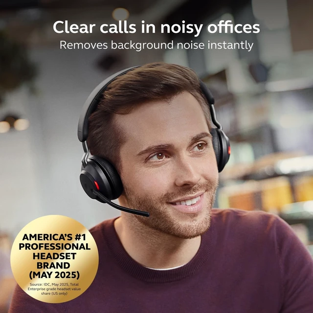 Alt view image 3 of 5 - Jabra Evolve2 65 Bluetooth Wireless Headset with Mic for Calls and Music, Dual-Ear Headphones with USB-C Adapter and Charging Stand, Up to 37 Hours Battery, Works with Online Meeting Apps, Blac