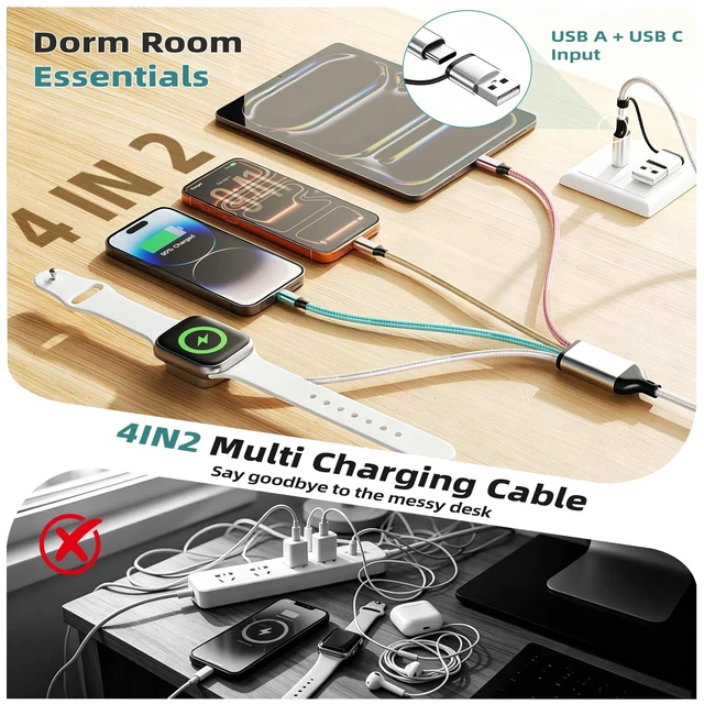 Alt view image 2 of 5 - Travel Essentials 4 in 2 Multi Charging Cable for iWatch Charger 2Pack,5FT