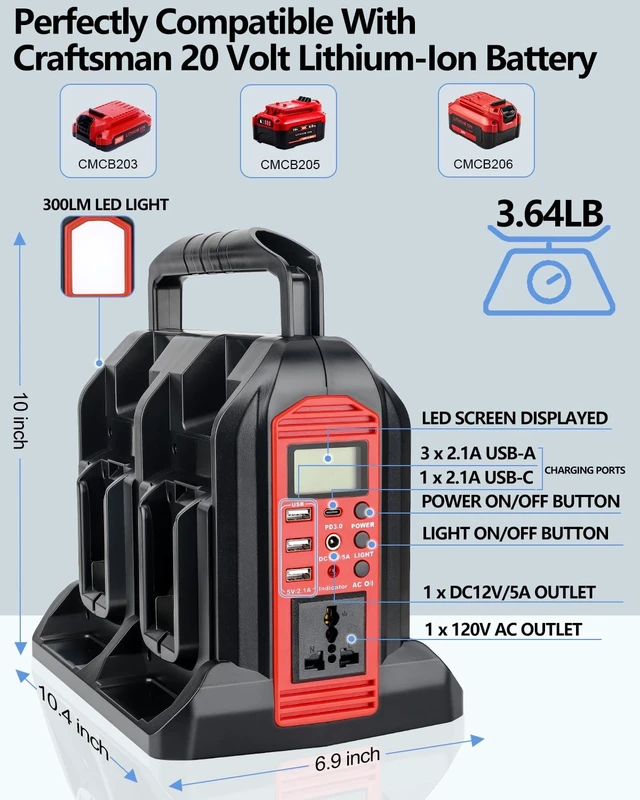 Alt view image 2 of 5 - 350W Power Inverter for Craftsman 20v V20 Battery, 4-Ports DC 20V to AC 110-120V Pure Sine Wave Battery Inverter with 3 USB-A Port, 1 USB-C Port,300lm LED Light for Camping Travel Emergency(Tool Only)