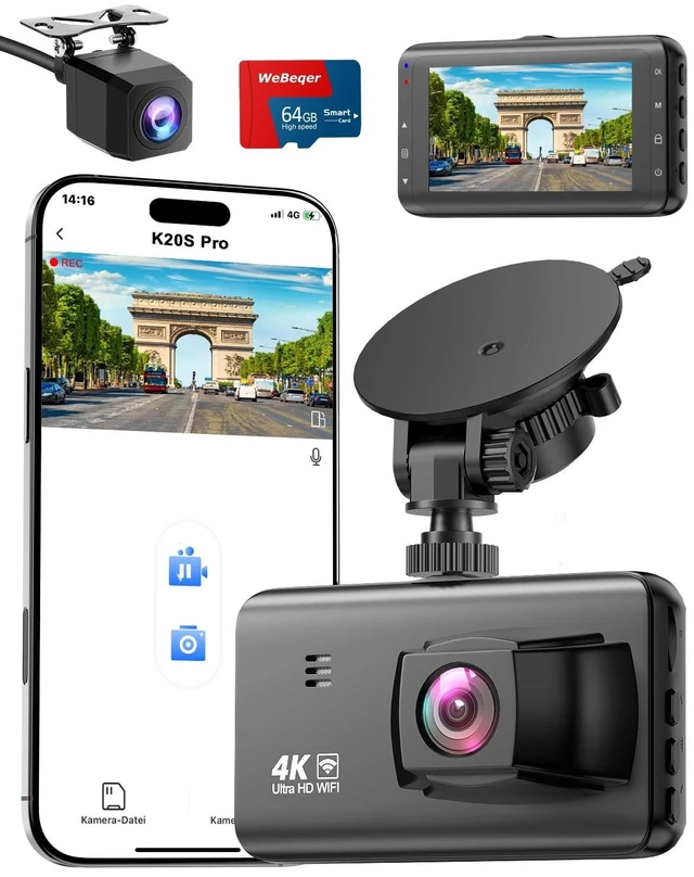 Main image of WeBeqer Dash Cam 4K Front and 1080P Rear,Dual Dashcam with 64GB Card WiFi Dash Camera for Cars 3" IPS Screen,App Control,Time Lapse,Night Vision,Type C Interface,Support 256GB MaxBlack