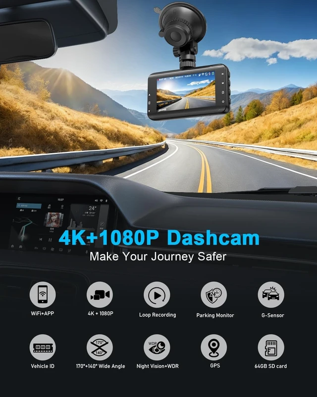 Alt view image 2 of 5 - WeBeqer Dash Cam 4K Front and 1080P Rear,Dual Dashcam with 64GB Card WiFi Dash Camera for Cars 3" IPS Screen,App Control,Time Lapse,Night Vision,Type C Interface,Support 256GB MaxBlack