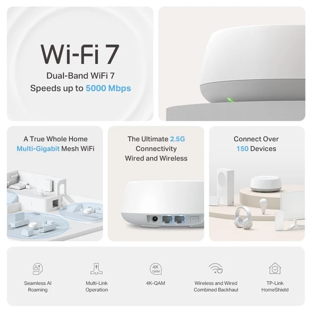 Alt view image 3 of 5 - TP-Link Deco BE25(1-Pack), BE3600 Mbps, 22.5 Gbps Ports, AI Supported Multi-Process Capability, Connectivity up to 150 Devices, VPN, WPA3, Dual-Band Wi-Fi 7 Mesh System