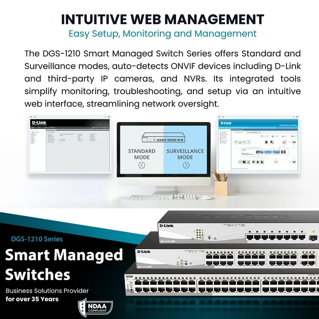 Alt view image 4 of 5 - D-Link 28-Port Gigabit Smart Managed Switch ^^ 24 GbE + 4 SFP Combo Ports ^^ L2+ ^^ VLANs ^^ Cable Diagnostics ^^ Web UI ^^ Rackmount ^^ Fanless ^^ NDAA Compliant ^^ Lifetime Warranty (DGS-1210-28)