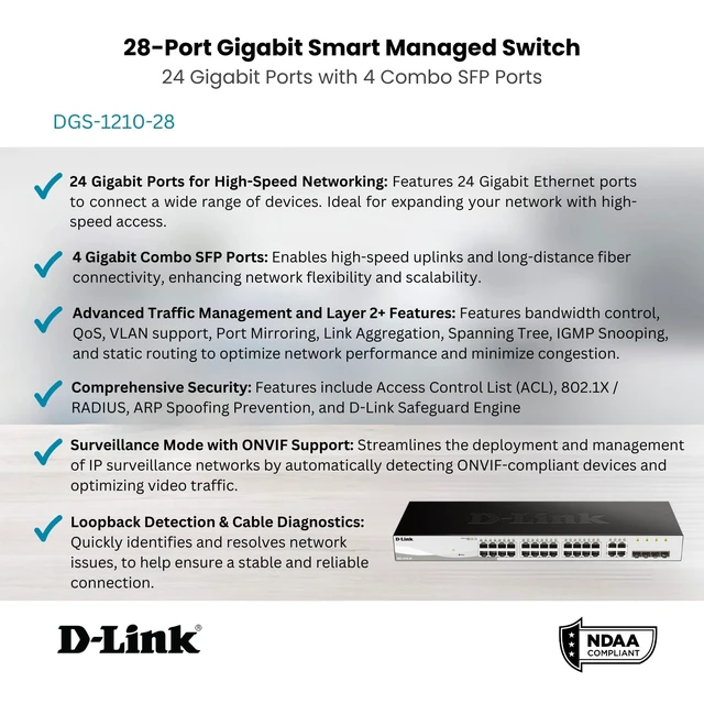 Alt view image 2 of 5 - D-Link 28-Port Gigabit Smart Managed Switch ^^ 24 GbE + 4 SFP Combo Ports ^^ L2+ ^^ VLANs ^^ Cable Diagnostics ^^ Web UI ^^ Rackmount ^^ Fanless ^^ NDAA Compliant ^^ Lifetime Warranty (DGS-1210-28)