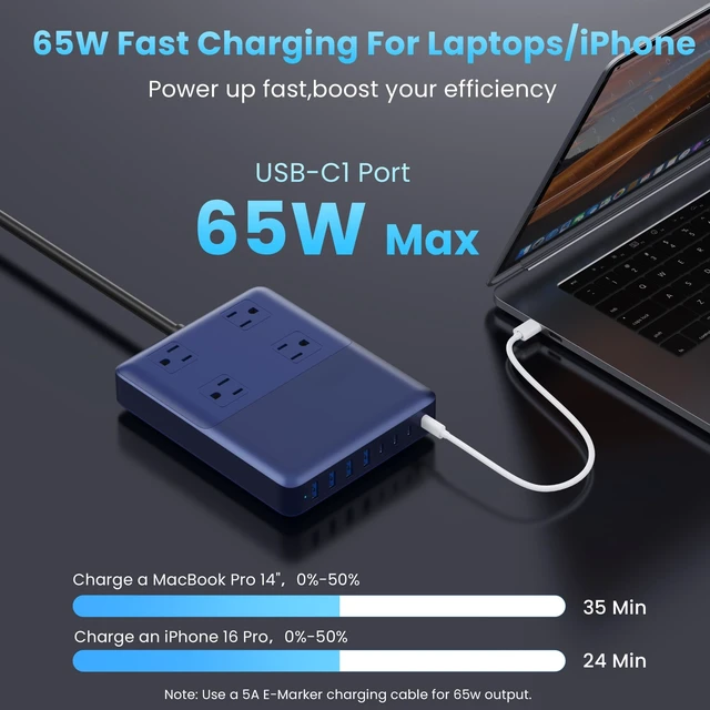 Alt view image 4 of 5 - 12-in-1 Charging Station USB C Power Strip with 5ft Cord and Plug,200W GaN IV USB C Charger Block,4 AC Outlets,8 USB for MacBook,iPhone 17/16,Fast Charging Desktop Charger for Office,Home Blue