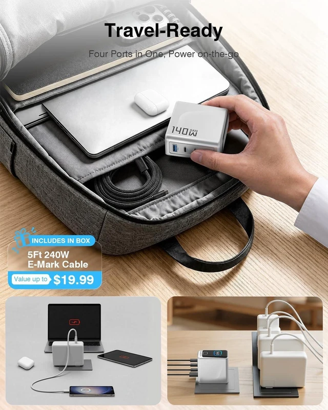 Alt view image 3 of 5 - 140W USB C Charger, 4-Port GaN Fast Charger USB C with Smart Display