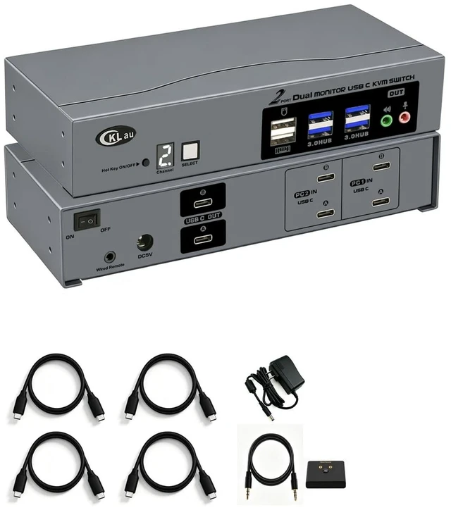 Main image of CKLau USB-C KVM Switch for 2 Computers and 2 Monitors, True Extended Display for Mac and Windows, 8K@30Hz, 4K@144Hz, Dual USB-C per Computer, USB 3.0 Hub