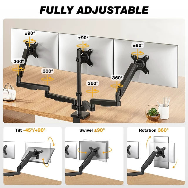Alt view image 3 of 5 - TVON Triple Monitor Stand & Monitor Arm Desk Mount up to 32 Inches