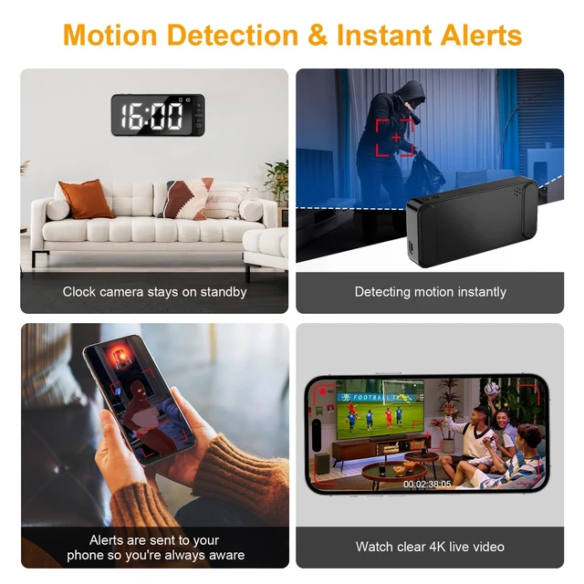 Alt view image 3 of 5 - Hidden Camera Clock 4K HD WiFi Spy Cam Indoor Security Camera Wireless