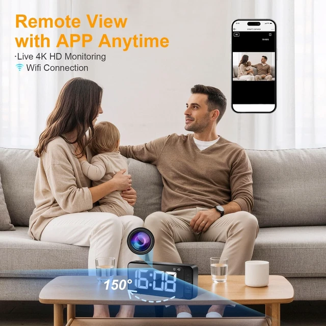 Alt view image 2 of 5 - Hidden Camera Clock 4K HD WiFi Spy Cam Indoor Security Camera Wireless