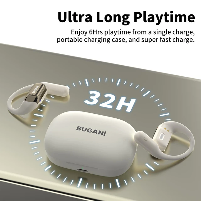 Alt view image 4 of 5 - BUGANI Open Ear Headphones, Bluetooth 5.2 Open Ear Earbuds with Microphone, ENC Clear Talk, Immersive Stereo Sound, Fast Charging, 32H Playtime, Waterproof, White