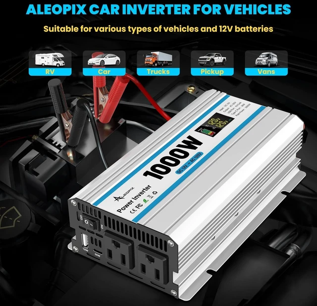 Alt view image 2 of 5 - 1000W Car Inverter 12V to 110V DC to AC Power Inverters for Vehicles with 2 AC Outlets/36W PD USB-C/18W QC USB-A Fast Charging/Cigarette Lighter/LED Display/100A Cables 1000 Watt Inverter