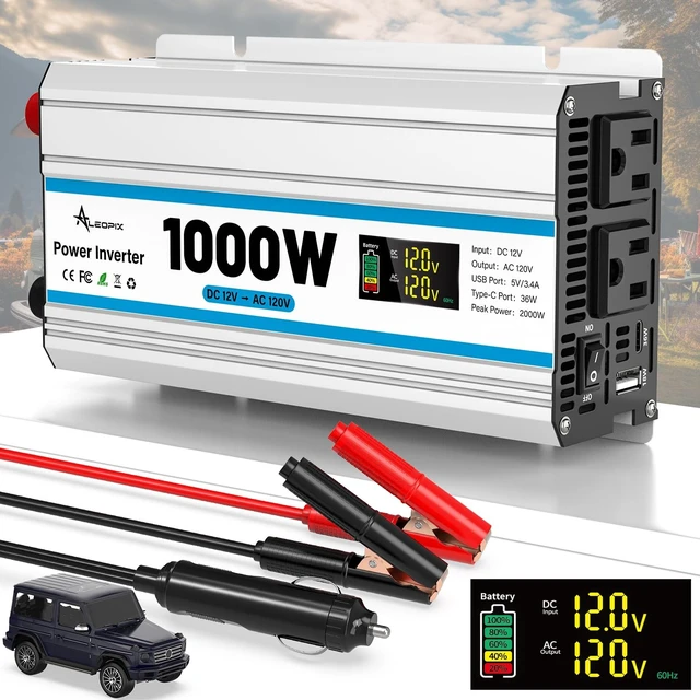 Main image of 1000W Car Inverter 12V to 110V DC to AC Power Inverters for Vehicles with 2 AC Outlets/36W PD USB-C/18W QC USB-A Fast Charging/Cigarette Lighter/LED Display/100A Cables 1000 Watt Inverter