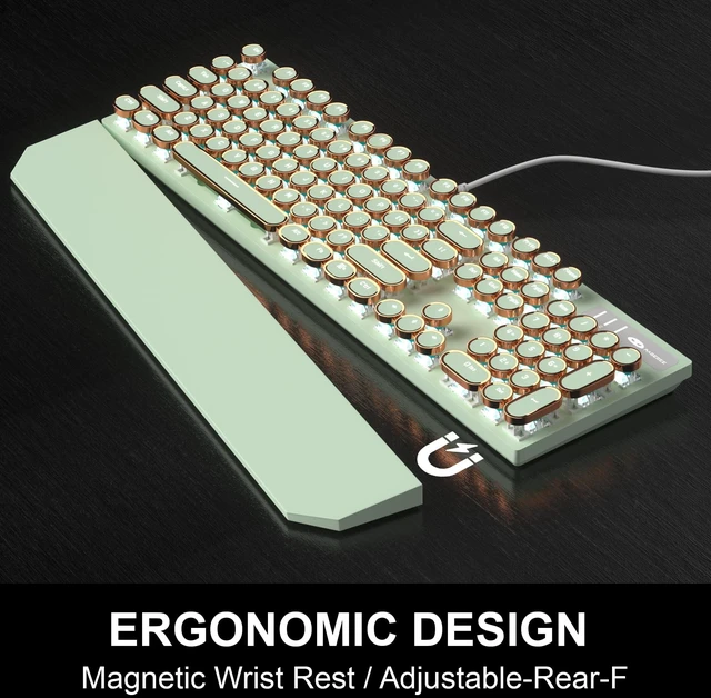Alt view image 3 of 5 - Camiysn Typewriter Style Mechanical Gaming Keyboard, Green Retro Punk Gaming Keyboard with White Backlit, 104 Keys Blue Switch Wired Cute Keyboards, Round Keycaps for Windows/Mac/PC
