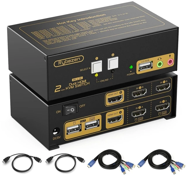 Main image of HDMI KVM Switch 2 Monitors 2 Computers, 2 Port Dual Monitors KVM Switcher for 2 PCs Share 2 Monitors and 3 USB Ports, 4K@30 Resolution, with EDID, Audio & Jack Port