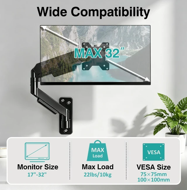 Alt view image 2 of 5 - AX WABER Single Monitor Wall Mount for 17 to 32 inch Flat/Curved Computer Screens,Full Motion Adjustable Mechanical Spring Monitor Wall Arm Holds Up to 22lbs,VESA Wall Mount 75x75/100x100, Black