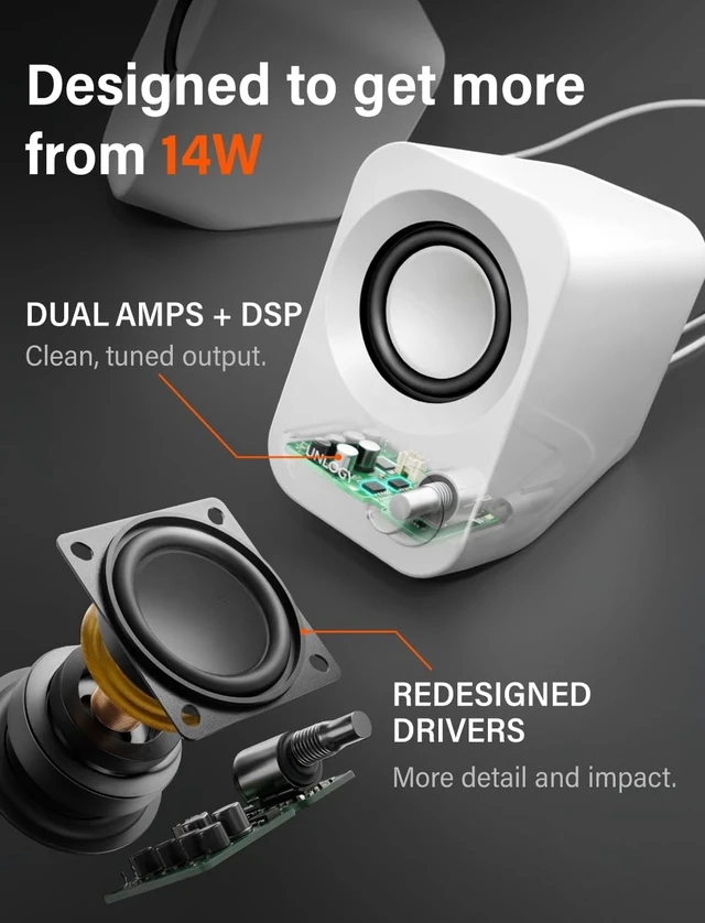 Alt view image 4 of 5 - FUNLOGY Speaker Plus - 14W Stereo PC Speakers, Dual Amplifiers & DSP Tuned, USB-C Powered, 3.5mm AUX, Compact Desktop Speakers with 30 Tilt, for PC, Laptop, Monitor & Gaming,White