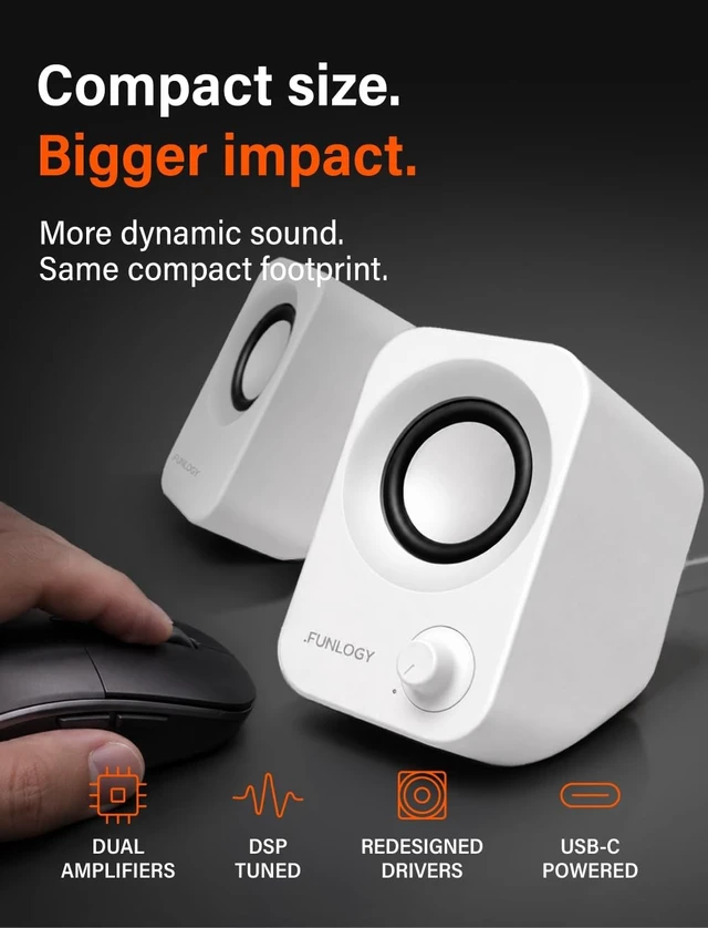 Alt view image 2 of 5 - FUNLOGY Speaker Plus - 14W Stereo PC Speakers, Dual Amplifiers & DSP Tuned, USB-C Powered, 3.5mm AUX, Compact Desktop Speakers with 30 Tilt, for PC, Laptop, Monitor & Gaming,White