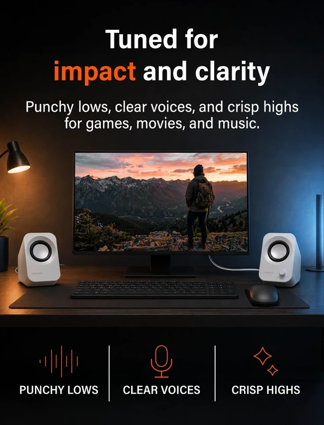 Alt view image 3 of 5 - FUNLOGY Speaker Plus - 14W Stereo PC Speakers, Dual Amplifiers & DSP Tuned, USB-C Powered, 3.5mm AUX, Compact Desktop Speakers with 30 Tilt, for PC, Laptop, Monitor & Gaming,White