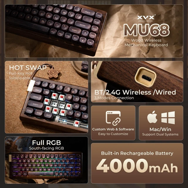 Alt view image 2 of 5 - XVX MU68 Wooden Keyboard,Wireless RGB Mechanical Gaming Keyboard